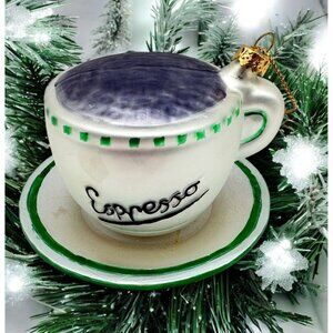 Vintage Espresso Cup Glass Christmas Tree Ornament with Saucer White Green Trim
